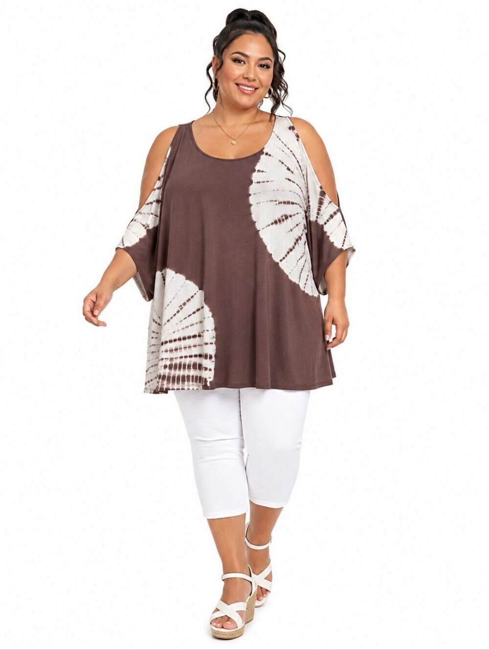 BY: Bellidini 3X Mocha Sunburst Tie Dye Rhinestone Cold Shoulder Tunic Top NWOT